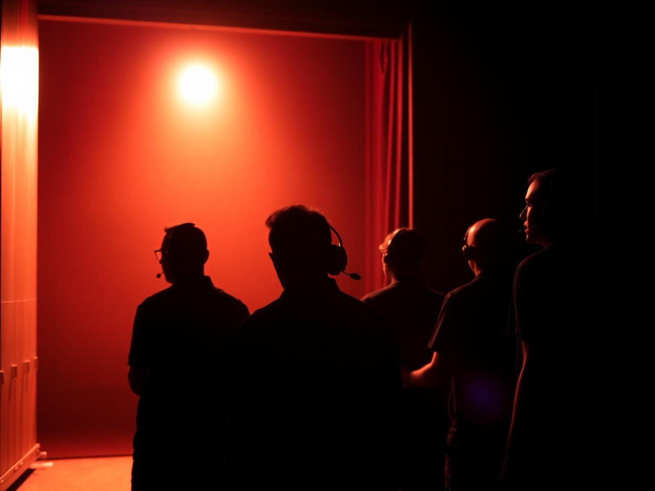 Production crew in headsets working backstage in red light