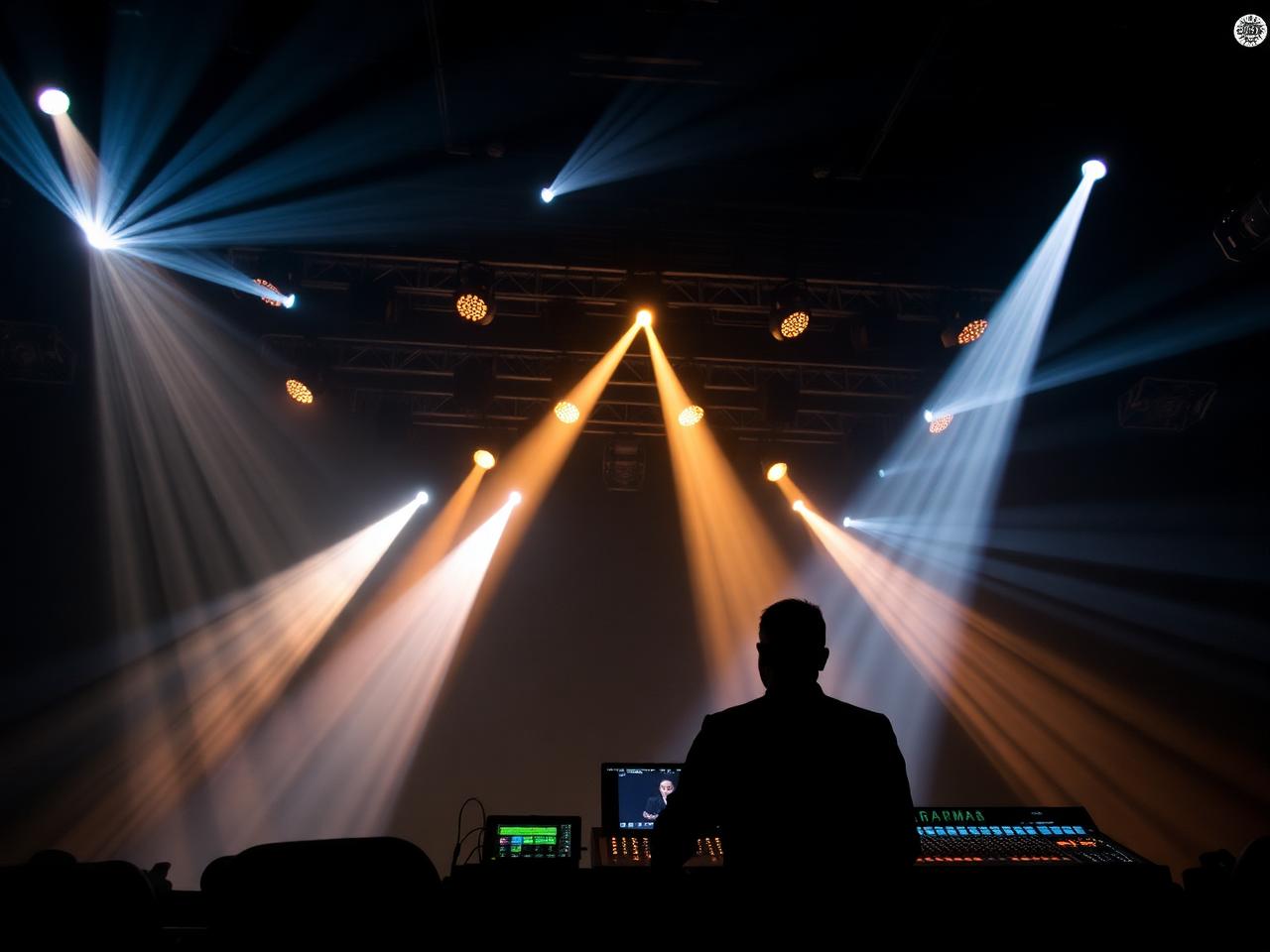 Lighting designer at a console silhouetted against concert beams and spotlights