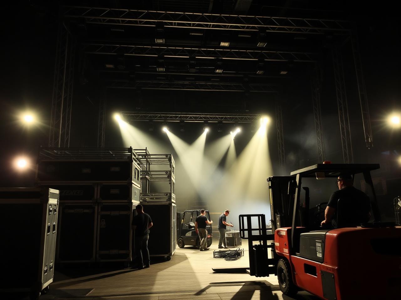 Crew loading road cases backstage