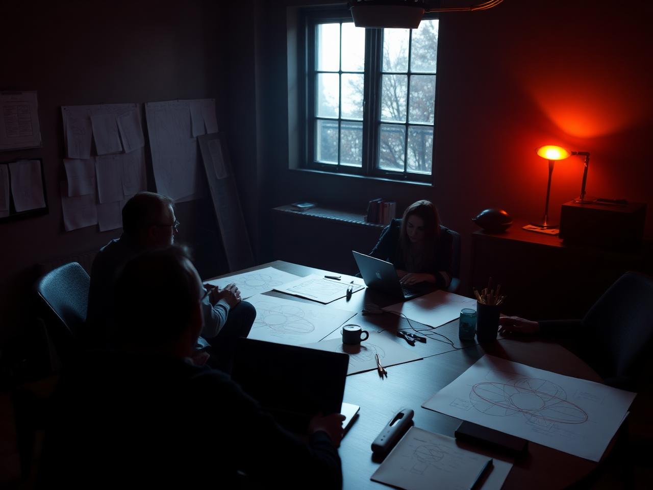 Production team reviewing plots and schedules in a dim production office