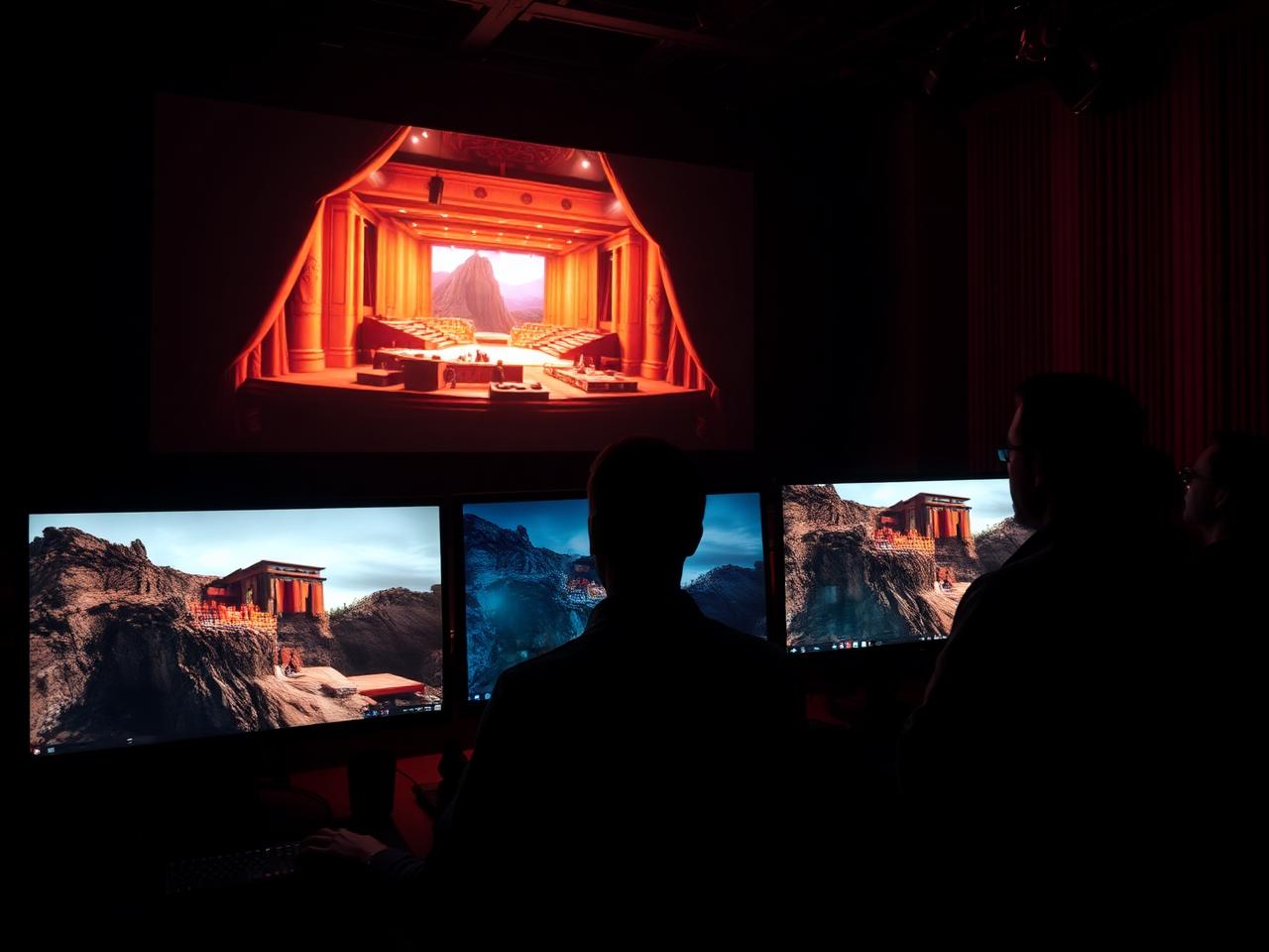 Designers reviewing renders on monitors