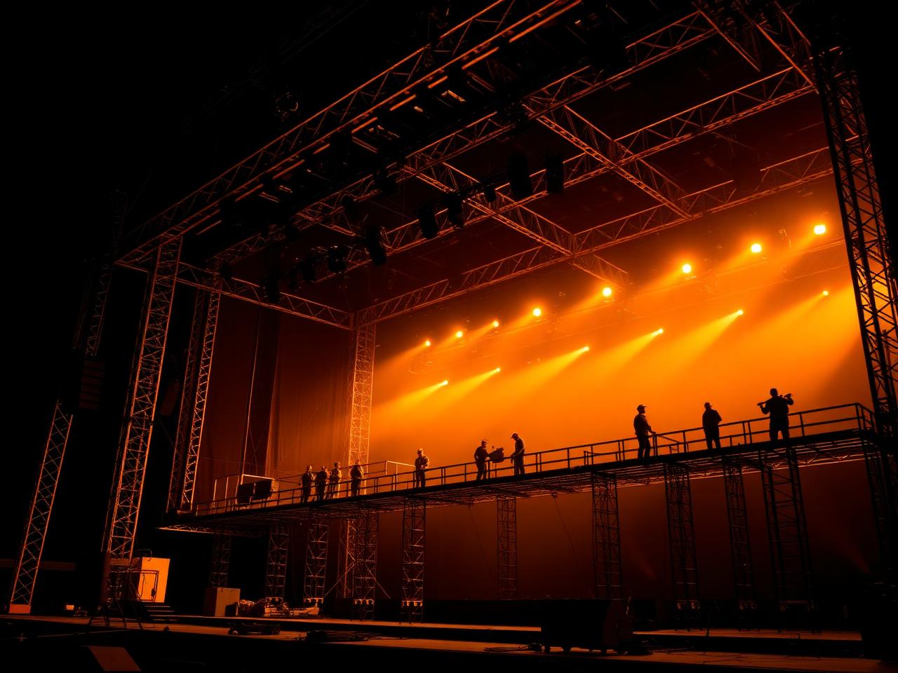 Crew building a truss roof system over a concert stage at night