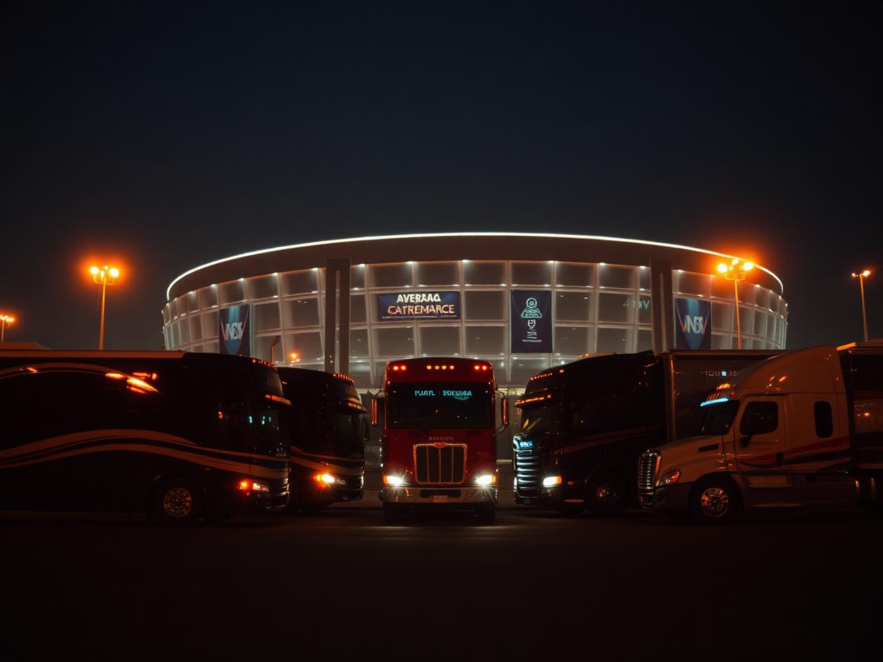 Tour buses and semi trucks parked outside an arena at night