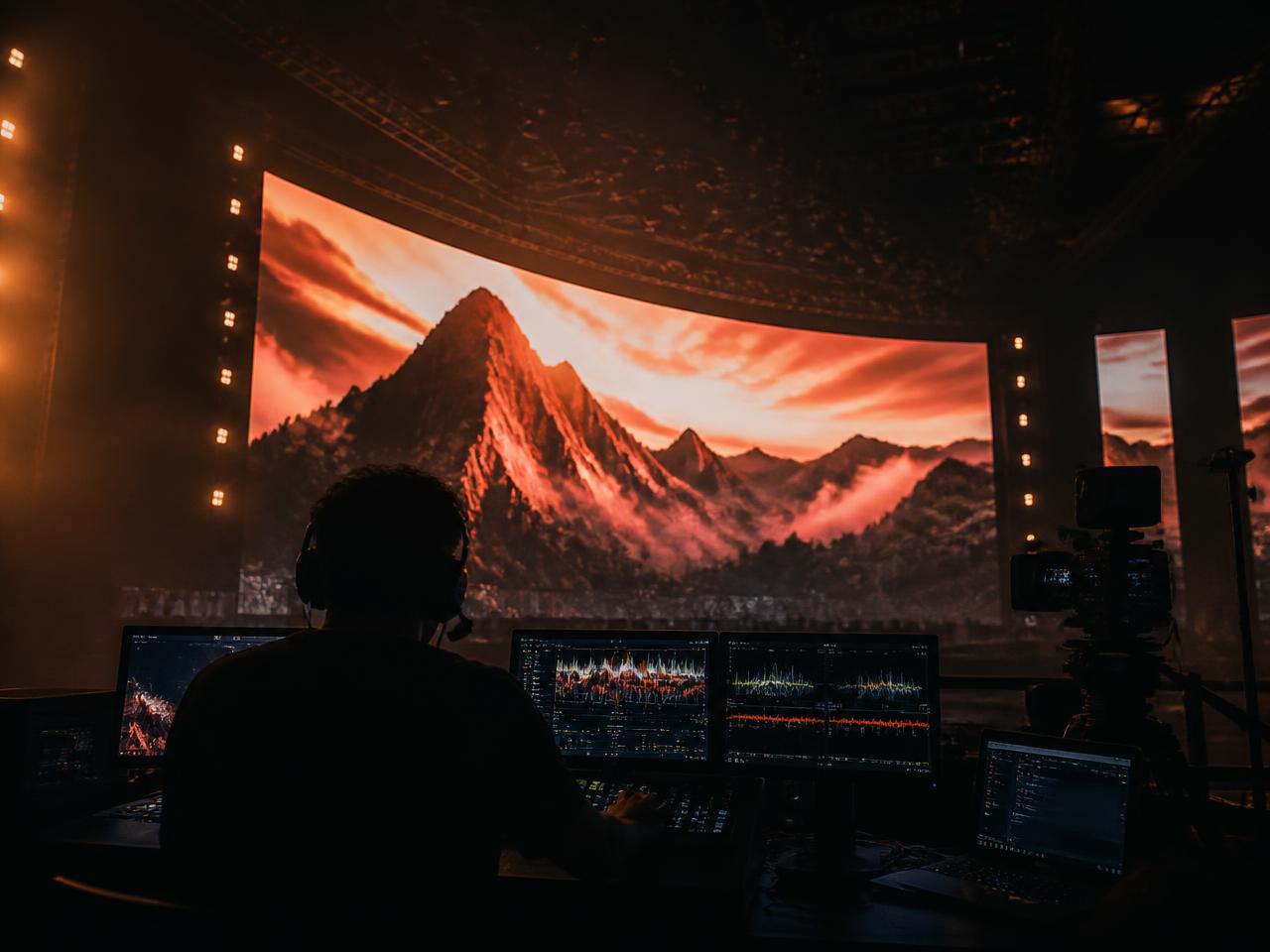Video engineer shading cameras in front of a curved LED wall on a concert stage